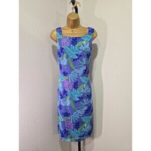 Vtg 90s Trad Wife Old Money Silk Floral Blue Purple Sheath Dress 12 Square Neck